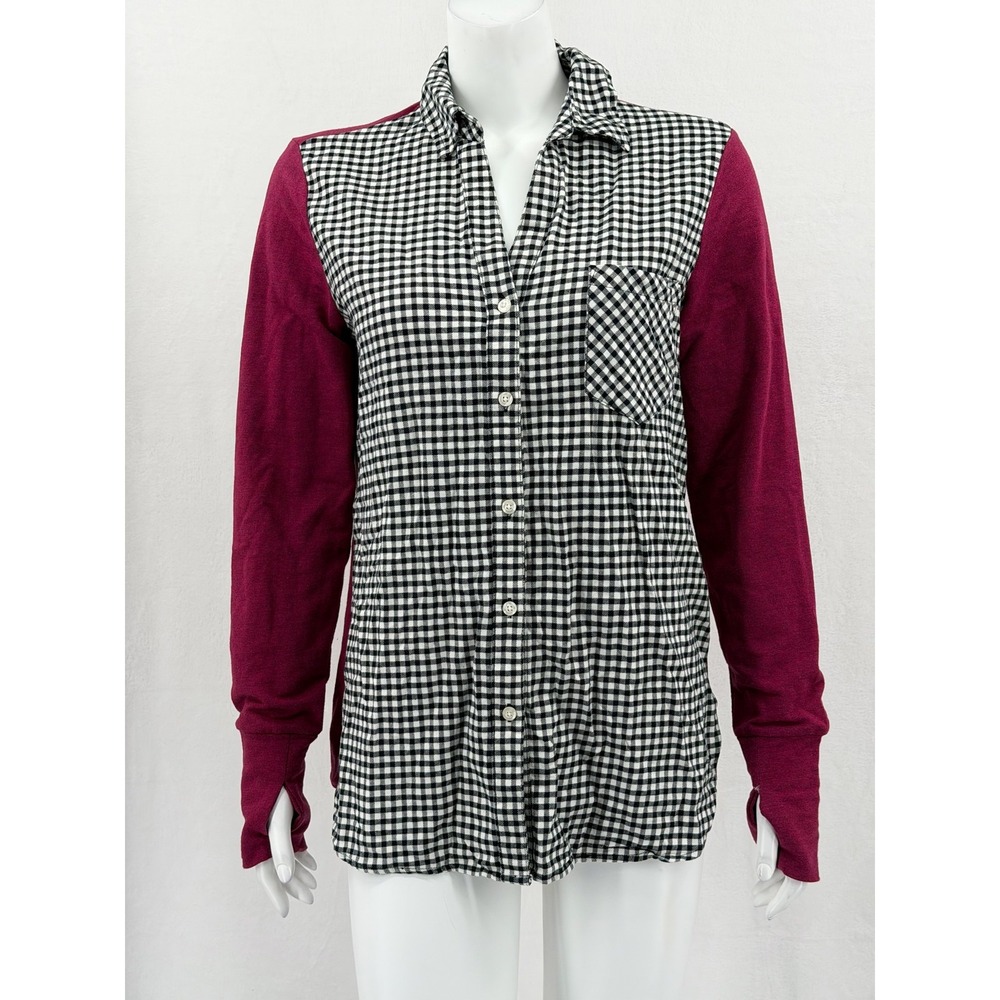 Betabrand Top Women Medium Red Gingham Preppy Button Up Long Sleeve Fall Stretch